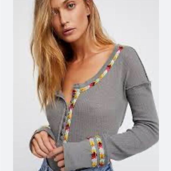 We The Free Tops - We The Free Grey Thermal Henley Rainbow Embroidered Contrast Trim Long Sleeve